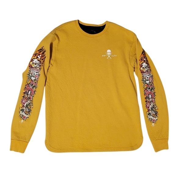 Sullen Art Collective Torched Tatoo Thermal Yellow Gold Sweatshirt Skulls Fire - Picture 2 of 13
